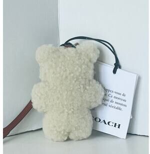 Coach Bear Puffy Bag Charm Teddy Shearling Leather Beige CDD52